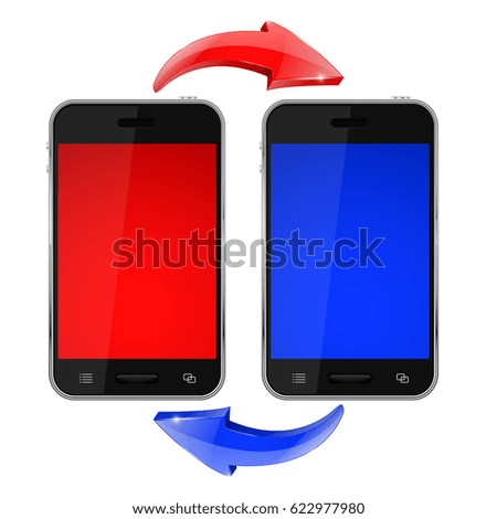 Mobile phones with information sharing sign. Vector 3d illustration