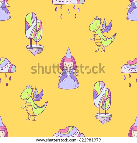 Magic cute baby vector seamless pattern for girls with fairy castle, dragon, princess and other fairy elements and characters