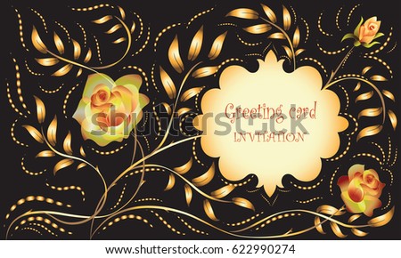 Golden rose on black background. Design for greeting card birthday, wedding, engagement, invitation, banner, poster, printing on fabric or paper.
