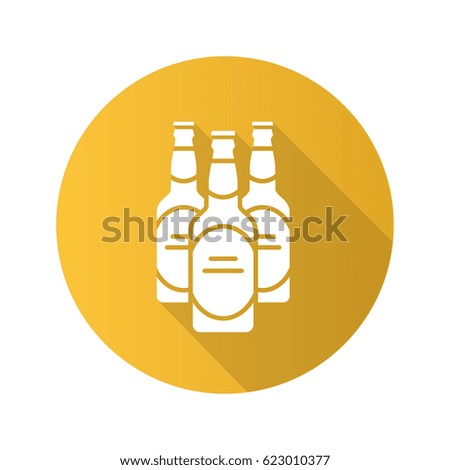 Beer bottles flat design long shadow icon. Vector silhouette symbol