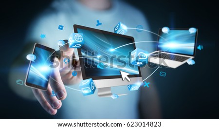 Businessman connecting tech devices and icons applications with each other 3D rendering