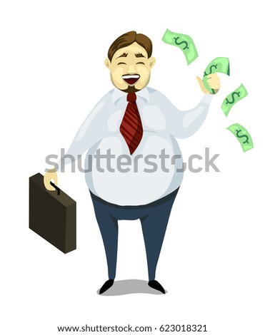 Fat businessman joyful holds money. A successful man, a cartoon character. Vector illustration of flat.