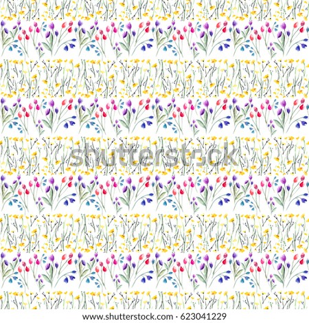 Tender delicate beautiful bright sophisticated spring colorful textile yellow wildflowers  and red pink violet tulips and blue bluebells with leaves pattern watercolor hand sketch