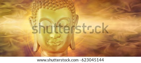 Golden Buddha in Deep Contemplation  - Mindfulness Golden Buddha on a beautiful ethereal subtle golden flowing energy background with copy space on both sides 
                 