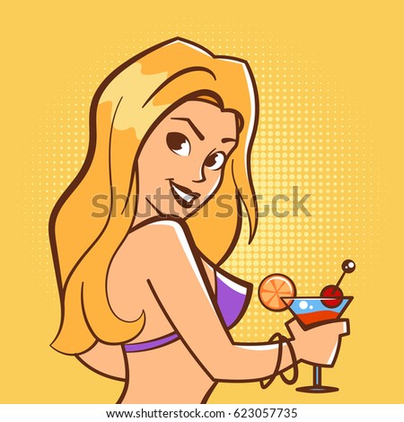 Vector hand drawn pop art illustration of young woman in swimsuit with cocktail. Hand drawn sign. Illustration for print, web.
