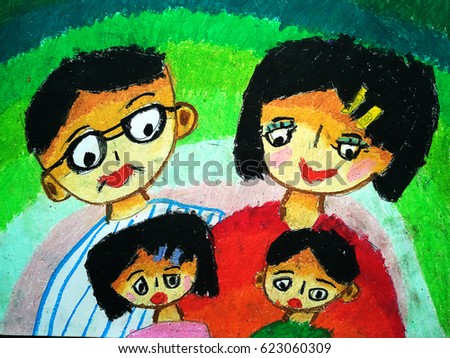 Children's drawing in crayon. My happy family
