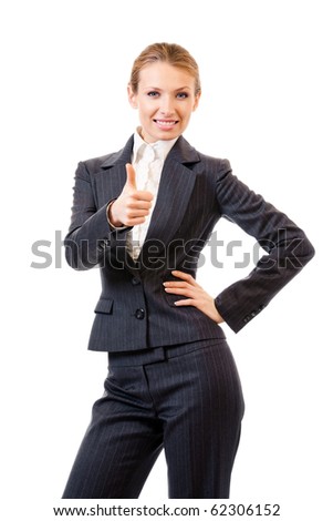 Businesswoman with thumbs up gesture, isolated on white