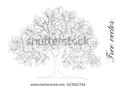 outlines trees and bushes. Black and white elements for coloring.