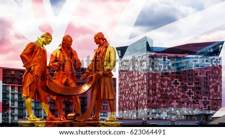 Artistic Vision of Boulton, Watt and Murdoch Statue in Birmingham blended with British Flag Fine Art Shallow Depth of Field