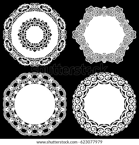 Set of design elements, lace round paper doily, doily to decorate the cake, template for cutting, snowflake, greeting element, metal plate cut by laser,  vector illustrations