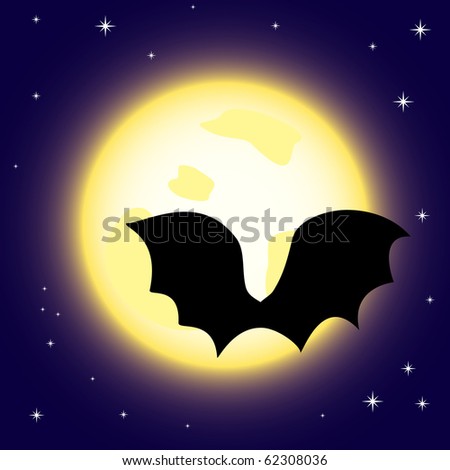 Vector illustration of cartoon moon with bat's silhouette in blue night sky