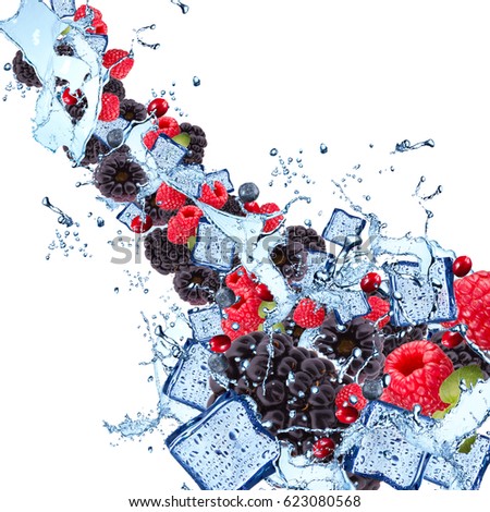 Water splash with mix berries isolated on white background. Splash motion with fruits. Abstract object 
