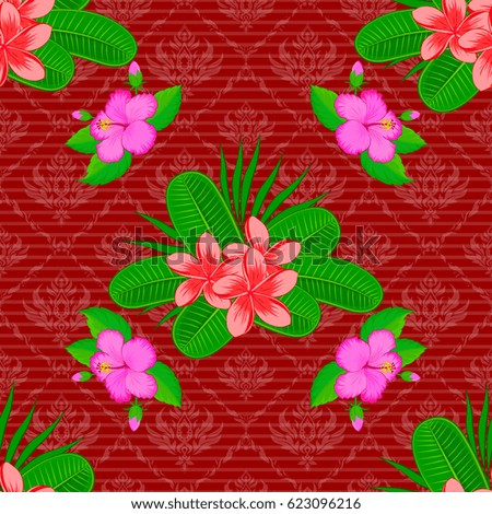 Abstract seamless vector pattern with hand drawn floral elements. Silk scarf with plumeria flowers on a red background. Autumn colors. Retro textile design collection. 1950s-1960s motifs.