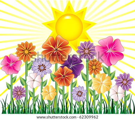 Raster version illustration of a Spring Day with Sunshine and Flower Garden with grass.