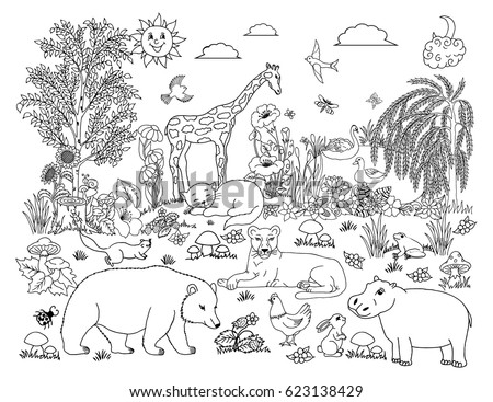 Vector illustration of the creation of the world - the sky, the sun, the moon, plants, animals, birds. The work is done manually. Coloring books antistress for adults and children.  Black and white.