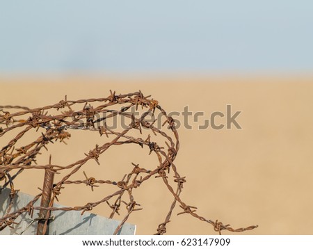 Barbed wire tangled up on countryside