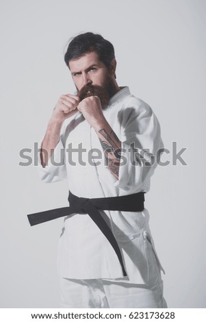 bearded karate man, long beard, brutal caucasian hipster with moustache in white kimono with black belt holds hands posing with serious face on grey background, unshaven guy