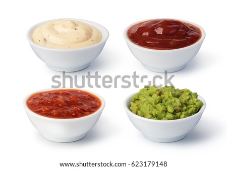 Bowls with sauces on white background Royalty-Free Stock Photo #623179148