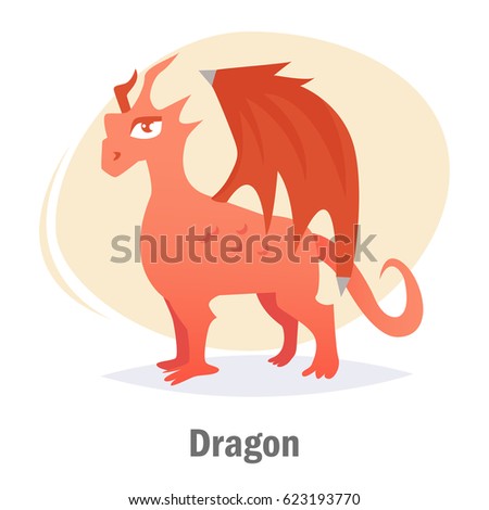 Red dragon with wings. Isolated art on white background. Vector. Cartoon. Flat. 