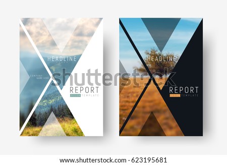 Cover template for a report in a minimalistic style with triangular design elements for a photo. set of modern flyers for business or trips with photos of mountains and landscapes. mosaic for a sample Royalty-Free Stock Photo #623195681