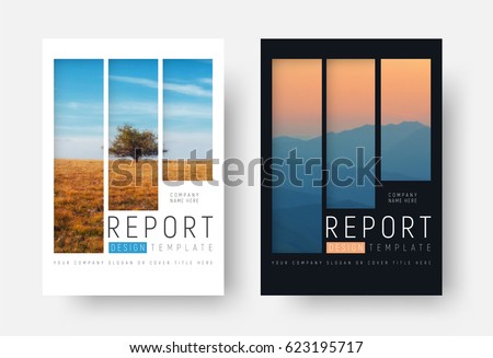 set of white and black report covers with a landscape and mountains in a minimalist style. A brochure template with rectangular elements for a photo. photo from a mosaic for a sample. Royalty-Free Stock Photo #623195717