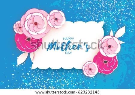 Happy Mother's Day. Pink White Floral Greeting card. Paper cut Flower,leaves. Blue holiday background. Rectangle wave Frame. Space for text. Women's Day. Origami Beautiful Bouquet. Vector illustration