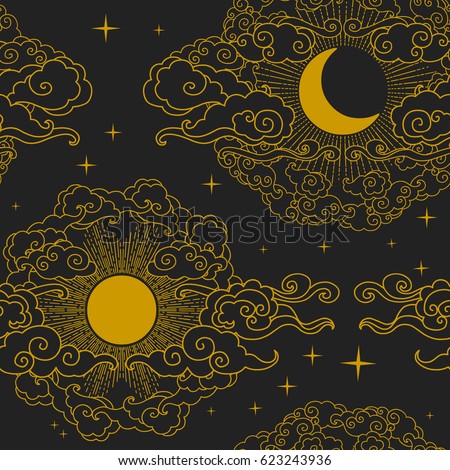 Sun and moon in cloudy sky. Vector hand drawn seamless pattern in oriental style