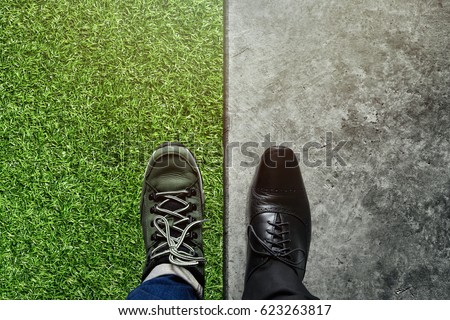 Life Balance concept for Work and Travel present in top view position by half of business oxford and adventure trekking shoes