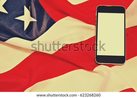 Smartphone and Us flag. Vintage style