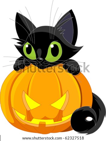 A cute black cat on a Halloween pumpkin.