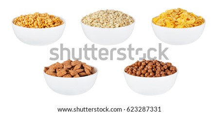 Set of cereals in bowls isolated on white background