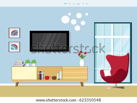 Modern living room interior with a TV screen, an armchair and a window. Flat style vector illustration.