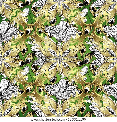 Vector traditional classic golden pattern with white doodles on green background. Seamless oriental ornament in the style of baroque.