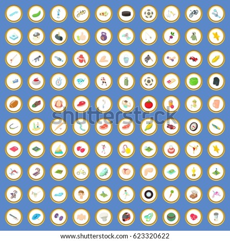 100 sport icons circle set on blue background cartoon style vector illustration