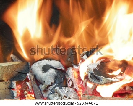 The fire in the fireplace from up close
