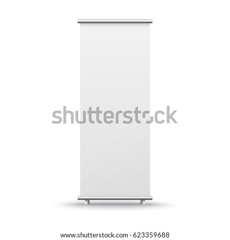 Roll up banner isolated on white background. Vector empty display mockup for presentation or exhibition product. Vertical blank roll up stand template. Royalty-Free Stock Photo #623359688