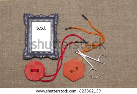 Decorative elements on the table for needlewomen, view from the top