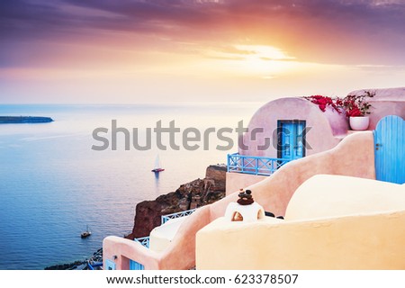 Beautiful sunset on Santorini island, Greece.  Royalty-Free Stock Photo #623378507