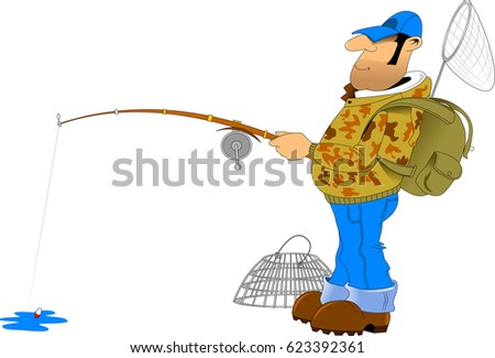 Cartoon fisherman with rod and fish illustration, vector
