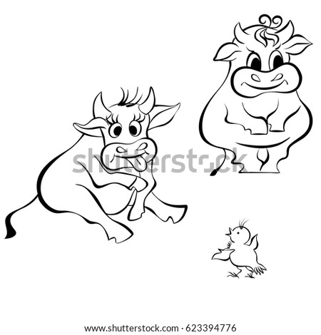 Vector illustration of cute and funny animals, black and white sketch. Three friends, two young Steers and the little chick, discuss something interesting, and to solve their problems.
