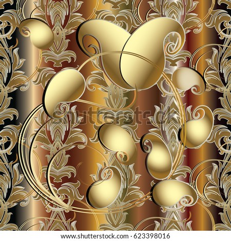 Paisley floral seamless pattern background wallpaper illustration with vintage  gold  3d flowers, swirl leaves and damask ornaments. Vector surface texture for prints, fabric, textile.