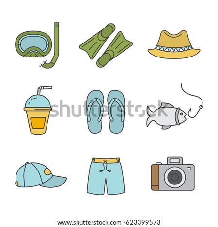 Summer holidays color icons set. Aqualung, flippers, homburg hat, refreshing drink, flip flops, fishing, cap, swimming trunks, photo camera. Isolated vector illustrations
