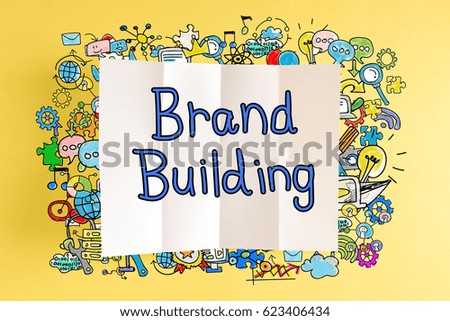 Brand Building text with colorful illustrations on a yellow background
