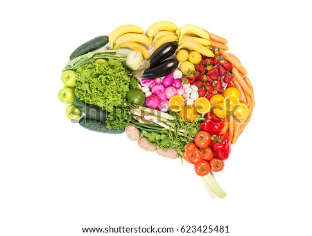 Brain made out of fruits and vegetables isolated on white background Royalty-Free Stock Photo #623425481