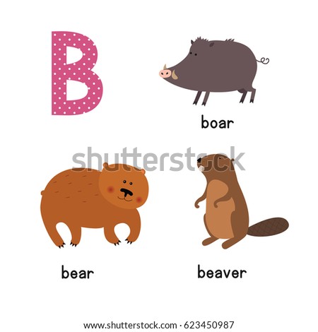 Cute zoo alphabet in vector.B letter. Funny cartoon animals: Bear, Beaver, boar.