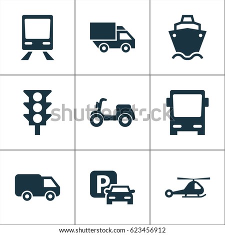 Shipment Icons Set. Collection Of Tanker, Omnibus, Truck And Other Elements. Also Includes Symbols Such As Train, Traffic, Stoplight.
