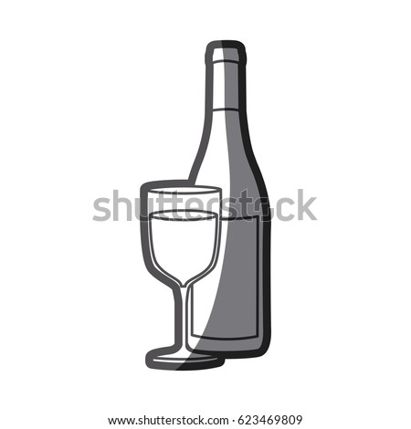 grayscale silhouette with bottle of wine and glass vector illustration