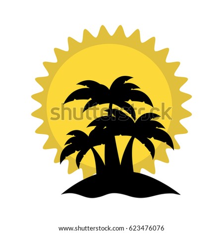 colorful sunset with black silhouette beach and palms vector illustration