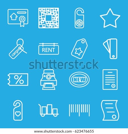Tag icons set. set of 16 tag outline icons such as Star, do not disturb, camera printing photo, bill of house sell, bill of house, barcode, new, ticket on sale, luggage