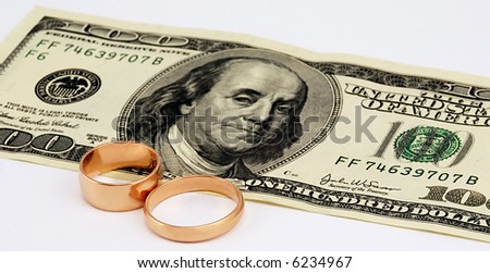 scene rings and banknotes in 100 dollars on white background